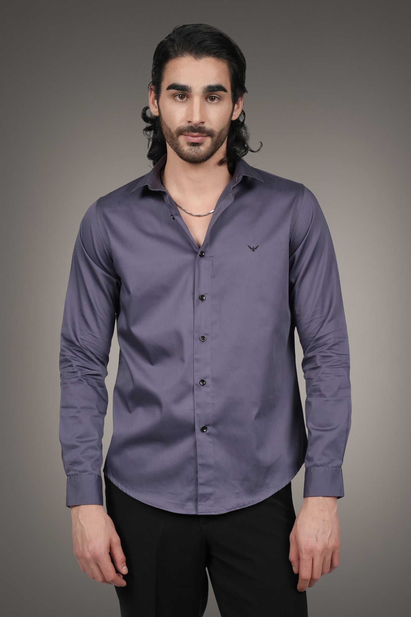 Purple Solid Cotton Satin Slim Fit Shirt