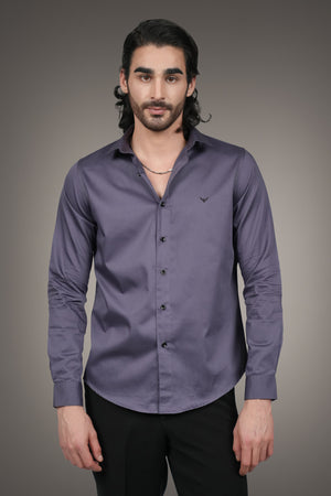 Purple Solid Cotton Satin Slim Fit Shirt