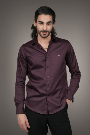Wine Solid Cotton Satin Slim Fit Shirt