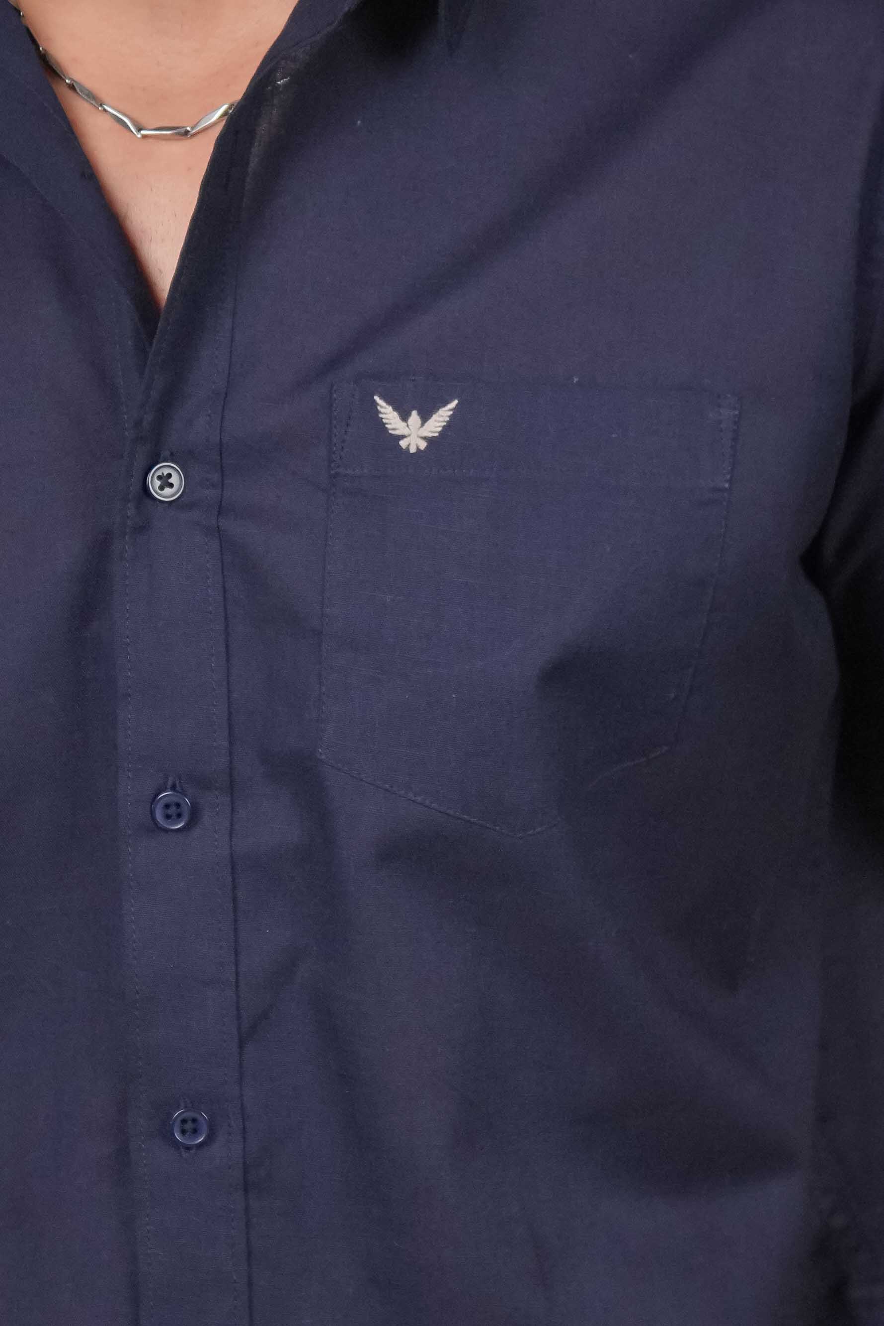 Navy Blue Solid Linen Cotton Slim Fit Shirt