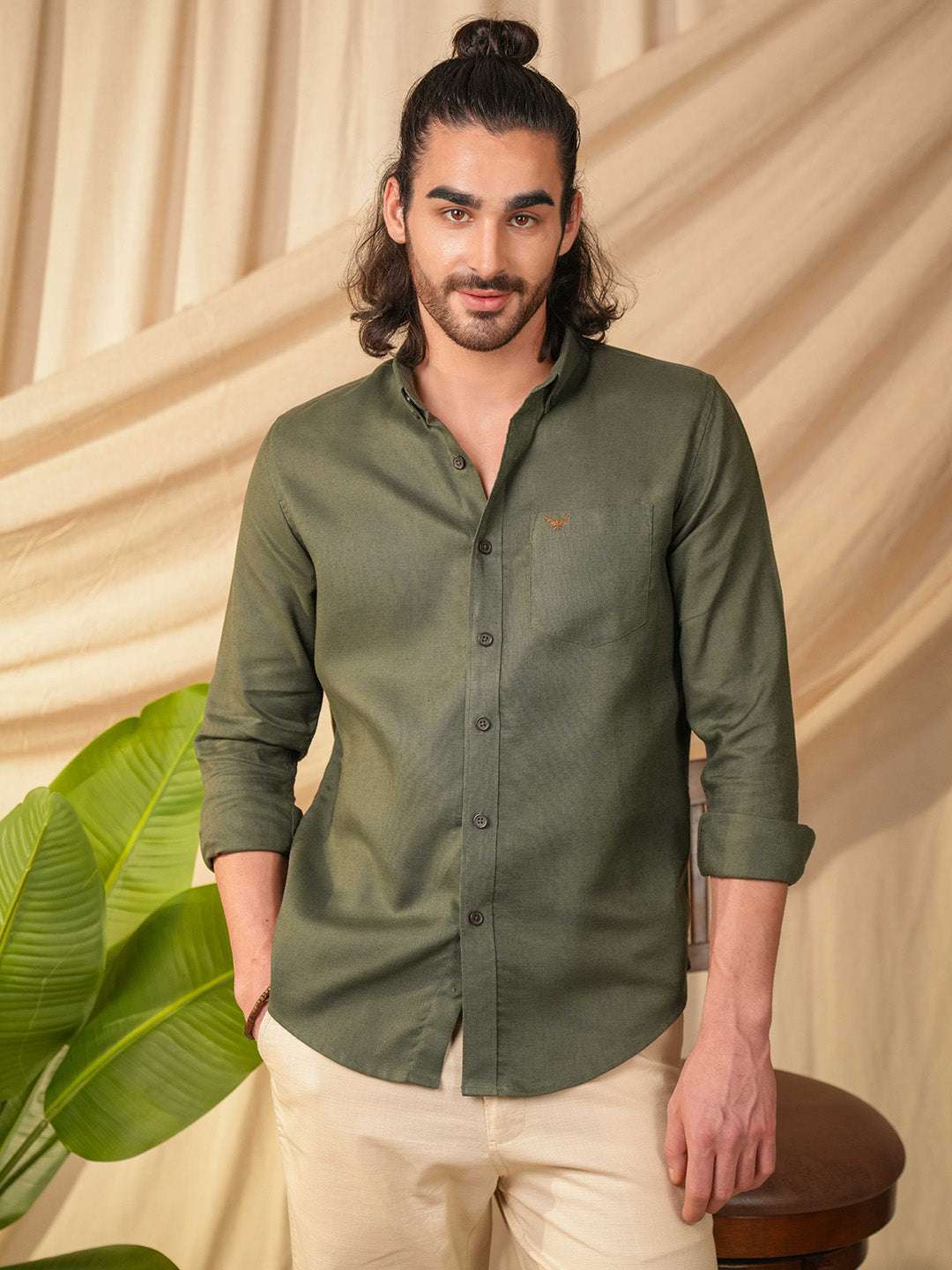 Olive Green Solid Pre-Washed Linen Cotton Slim Fit Shirt