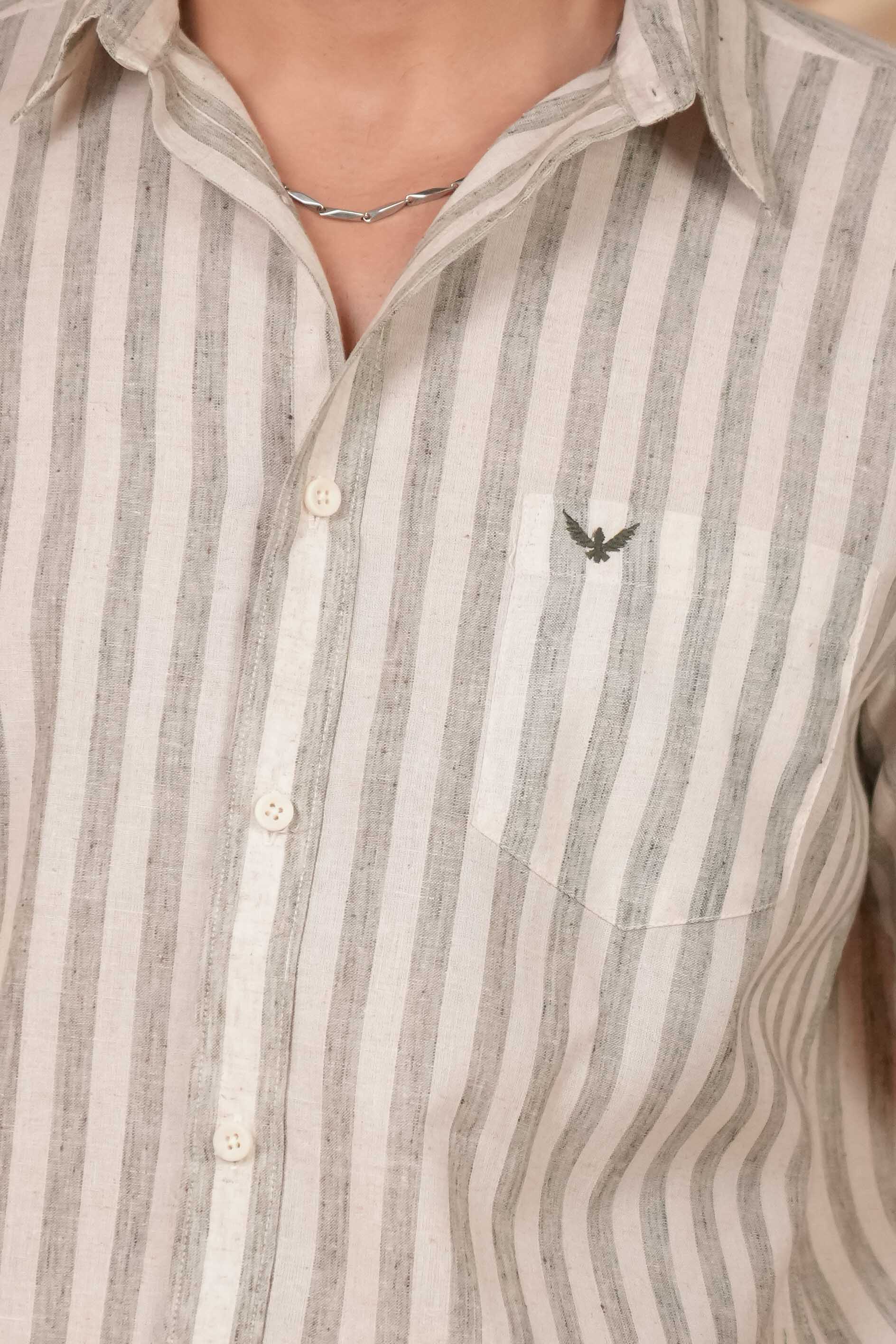 Sage Green Striped Pre-Washed Linen Cotton Slim Fit Shirt