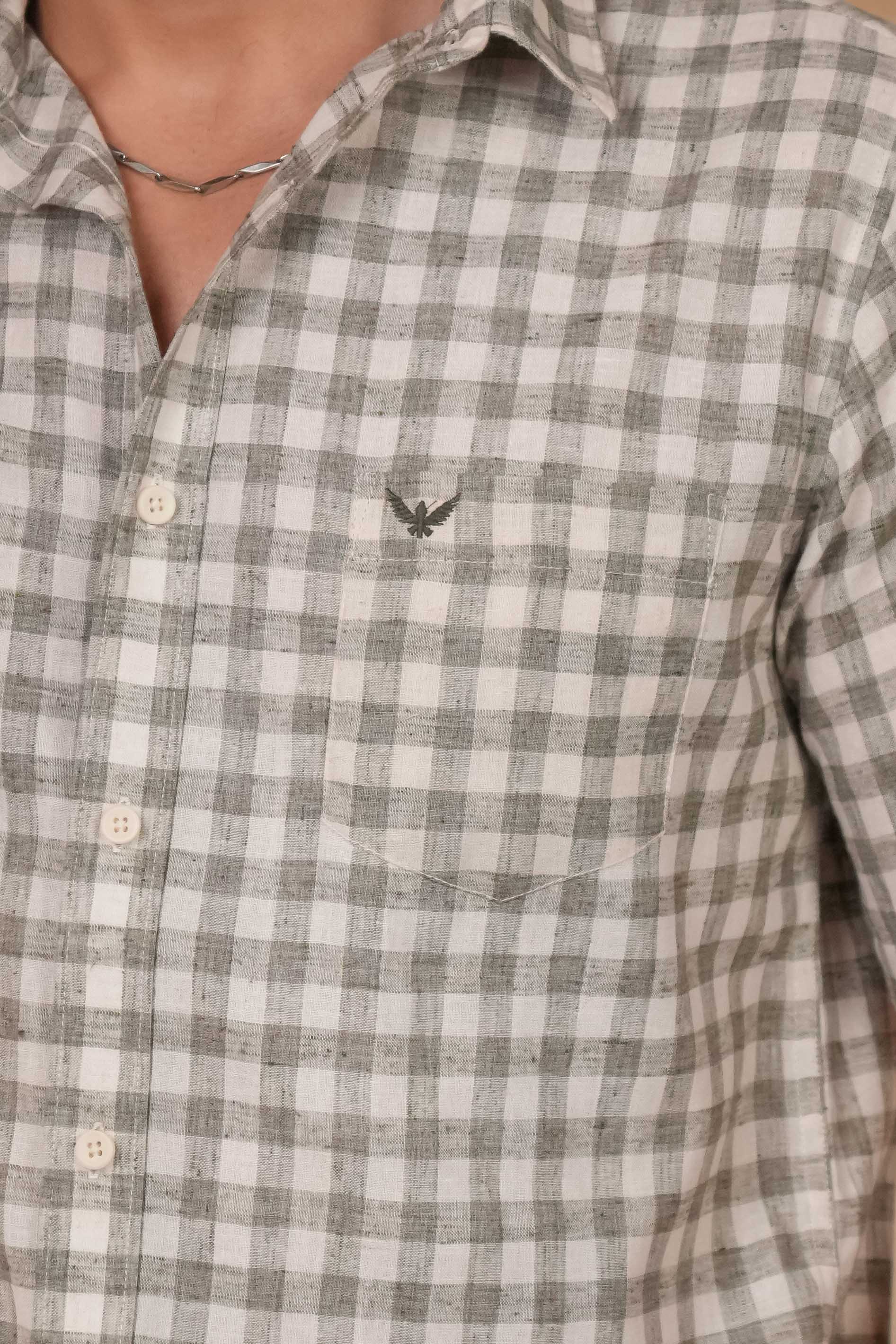 Meadow Green Checked Linen Cotton Slim Fit Shirt