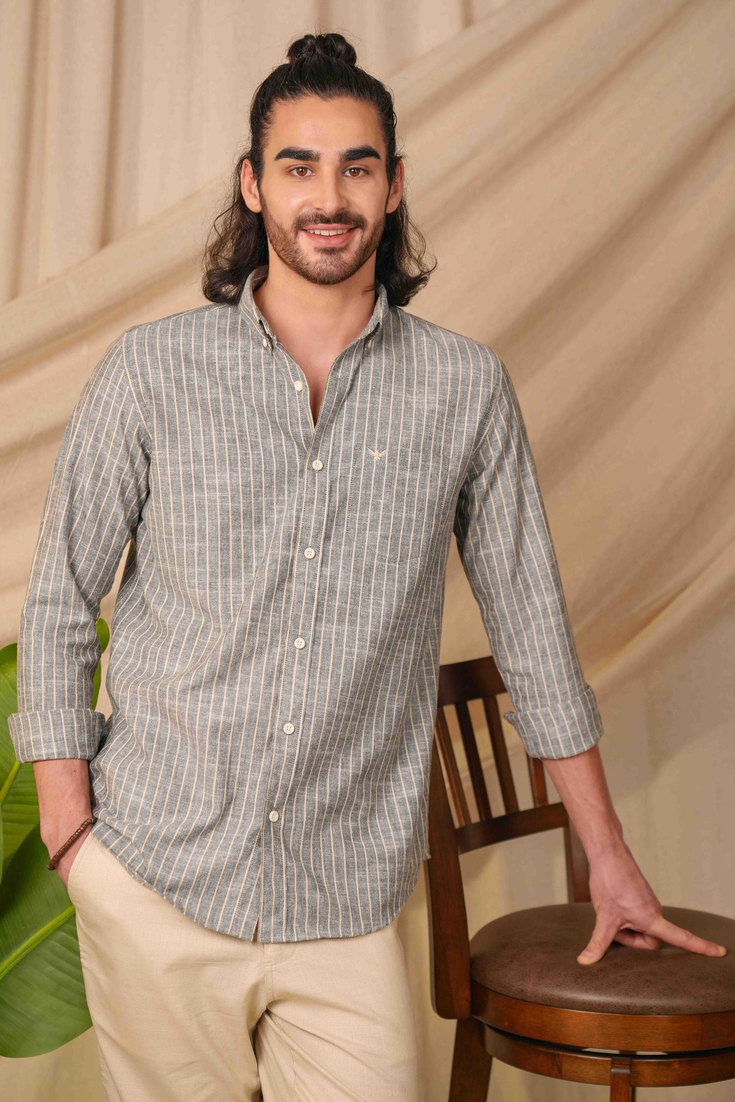 Dusty Grey Striped Pre-Washed Linen Cotton Slim Fit Shirt