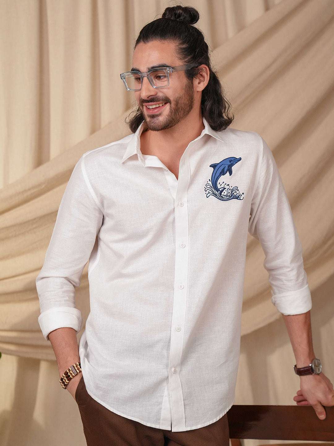 White Dolphin Embroidery Linen Cotton Shirt