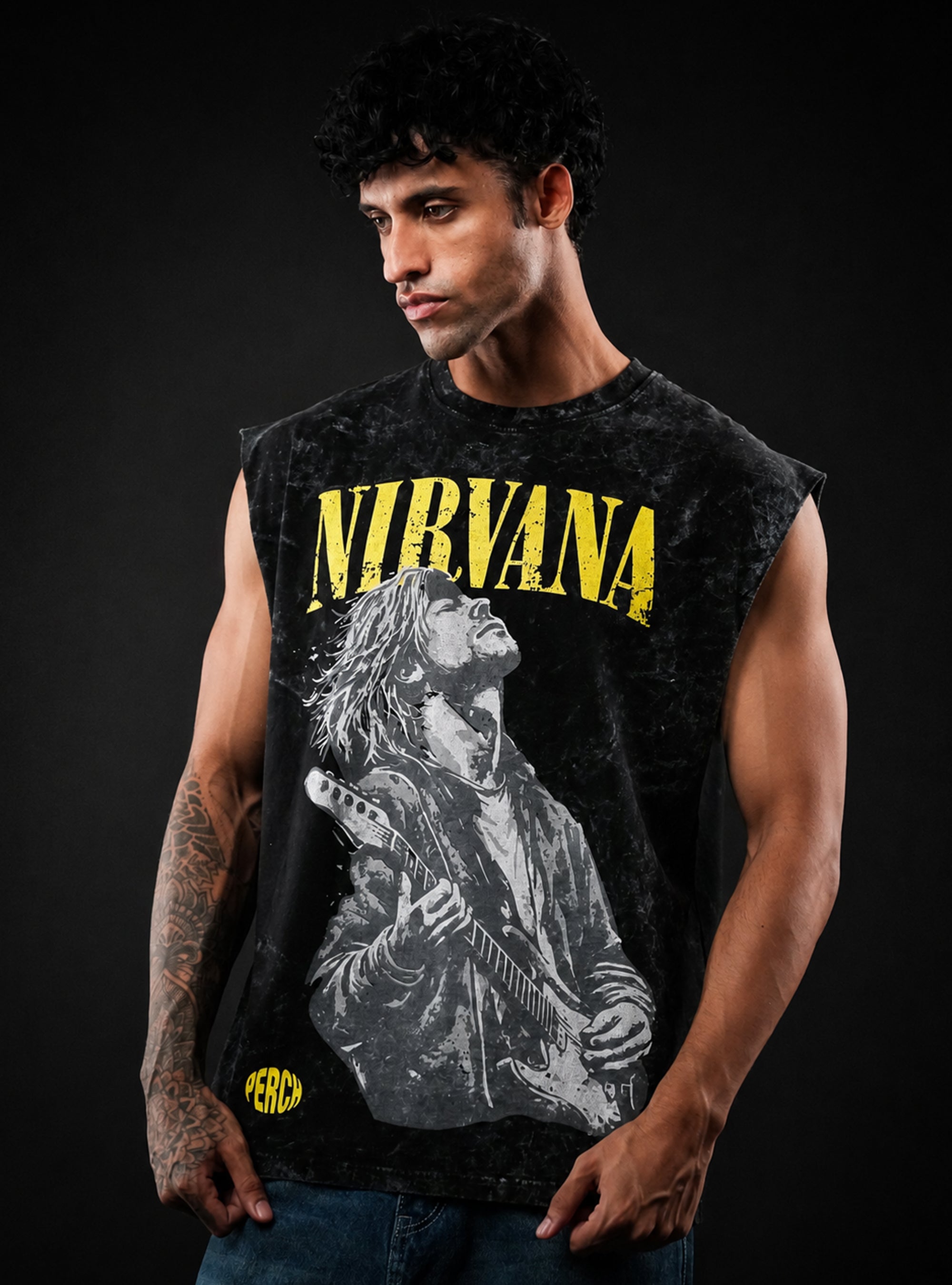 Black Nirvana Oversized Sleeveless Cotton Acid Wash Tank Tshirt for Men & Women