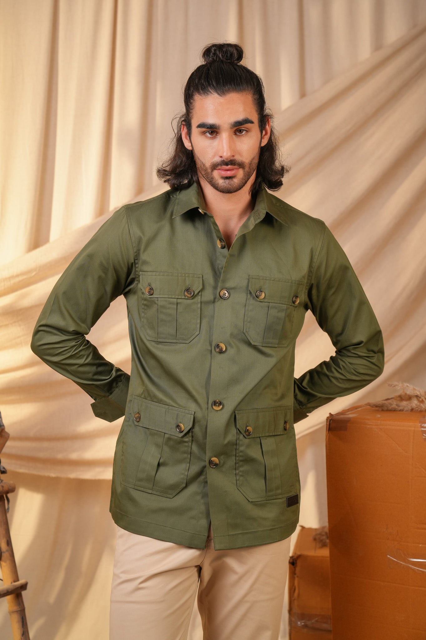 Green Solid Heavy Cotton Twill Regular Fit Shirt For Men