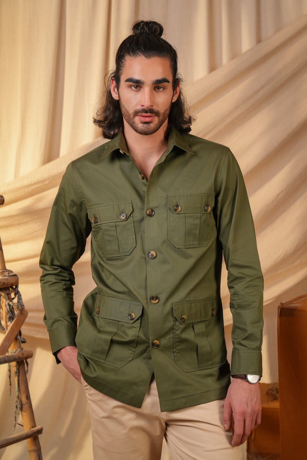 Green Solid Heavy Cotton Twill Regular Fit Shirt For Men