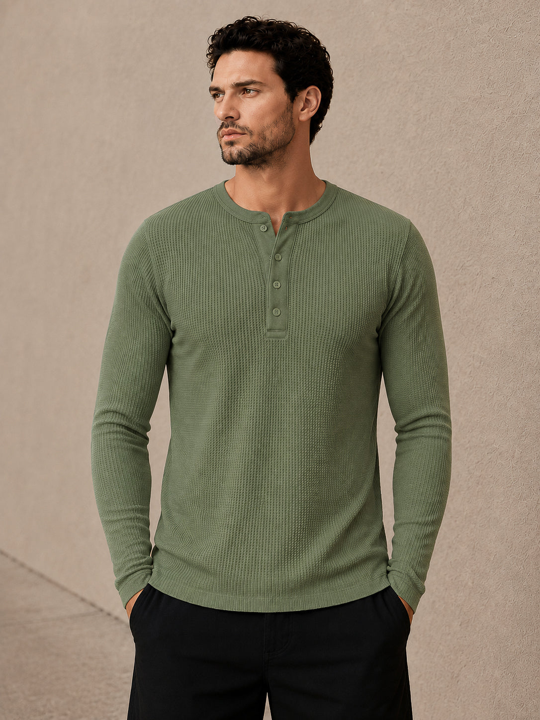 Pastel Green Waffle Knit Full Sleeve Henley Tshirt For Men