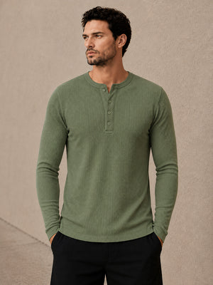 Pastel Green Waffle Knit Full Sleeve Henley Tshirt For Men
