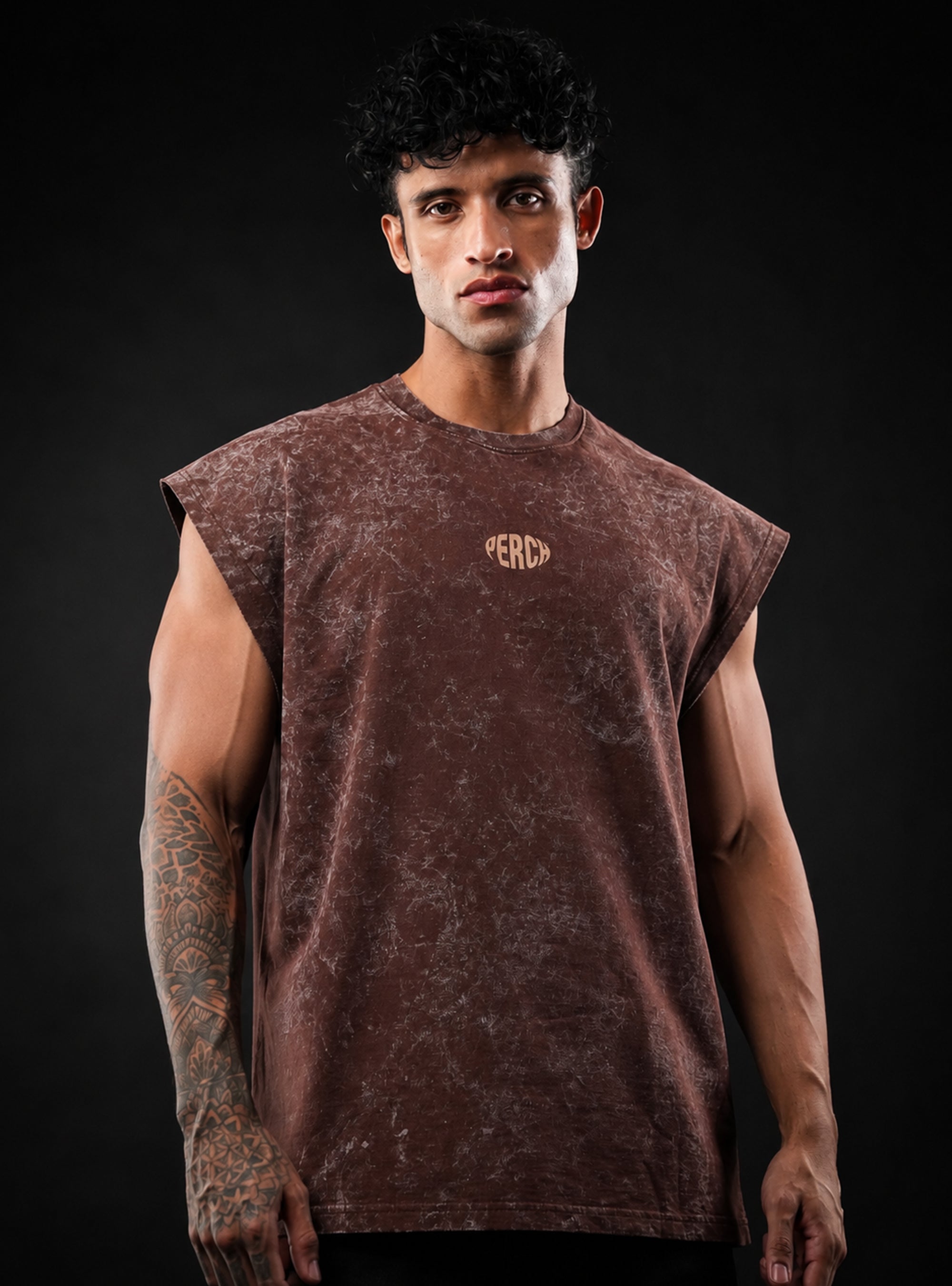 Brown Oversized Sleeveless Cotton Acid Wash Tank Tshirt for Men & Women