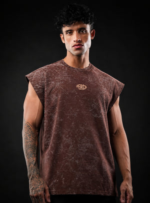 Brown Oversized Sleeveless Cotton Acid Wash Tank Tshirt for Men & Women