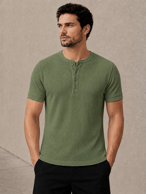 Pastel Green Waffle Knit Half Sleeve Henley Tshirt For Men