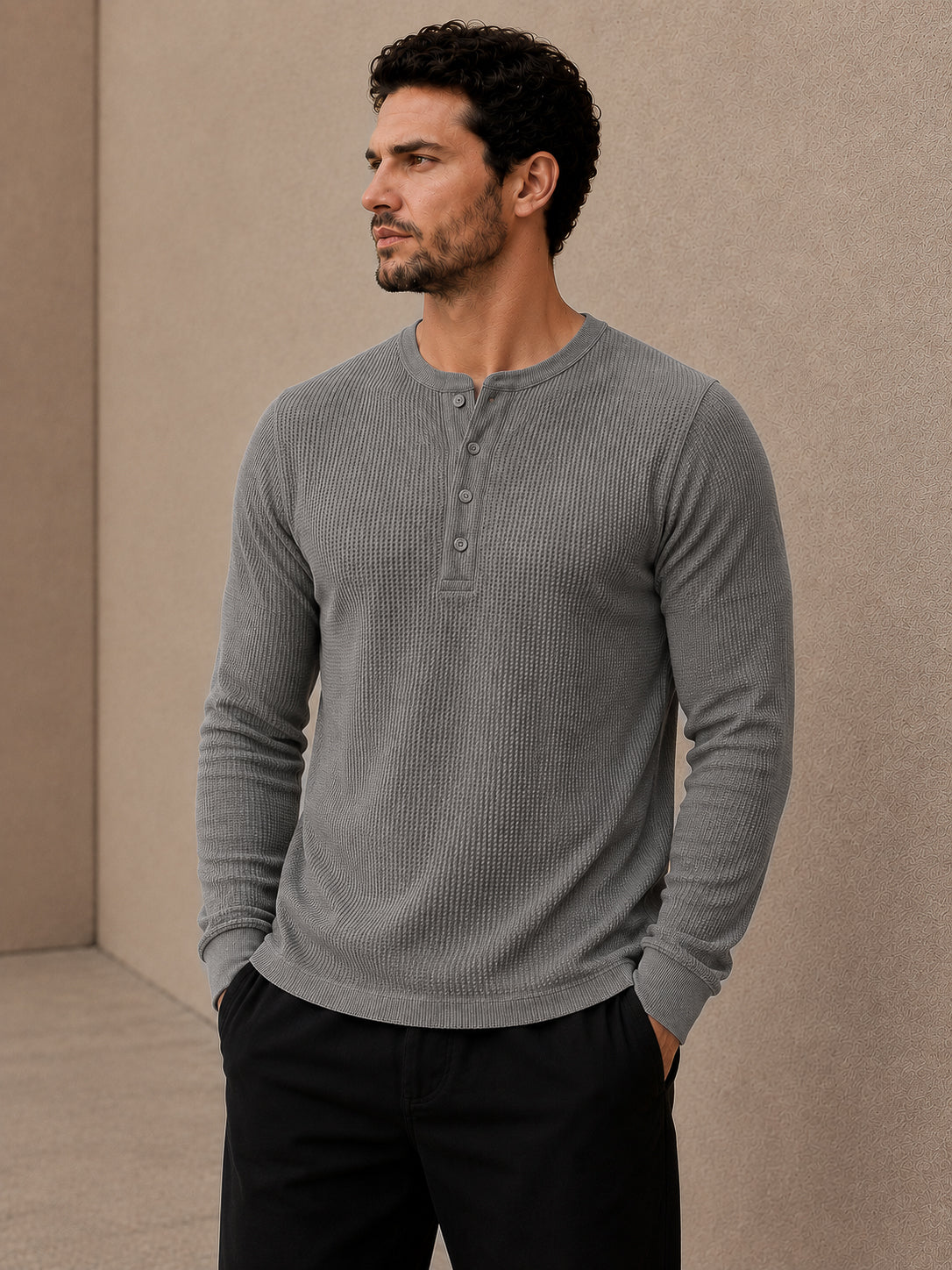 Grey Waffle Knit Full Sleeve Henley Tshirt For Men