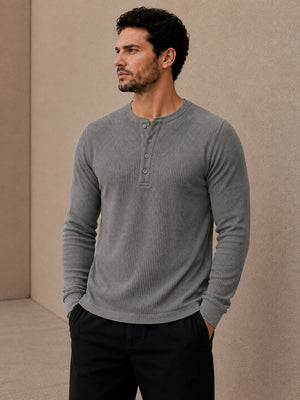 Grey Waffle Knit Full Sleeve Henley Tshirt For Men