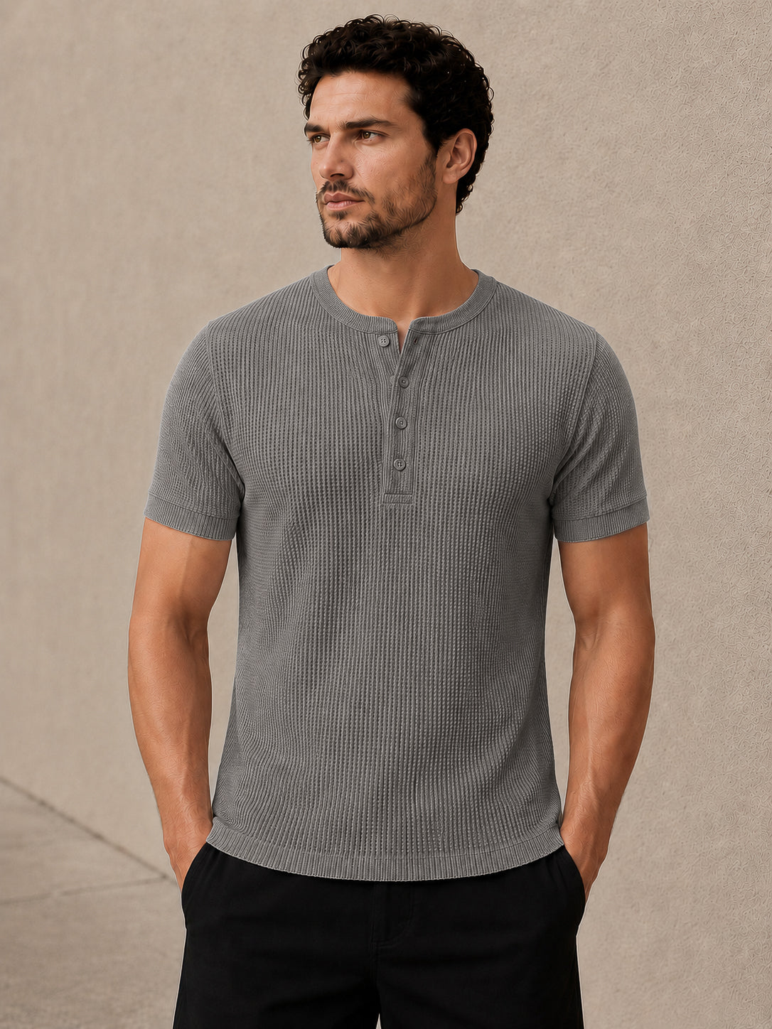 Grey Waffle Knit Half Sleeve Henley Tshirt For Men