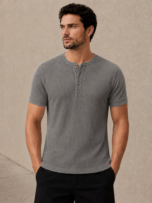 Grey Waffle Knit Half Sleeve Henley Tshirt For Men