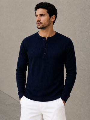 Navy Waffle Knit Full Sleeve Henley Tshirt For Men