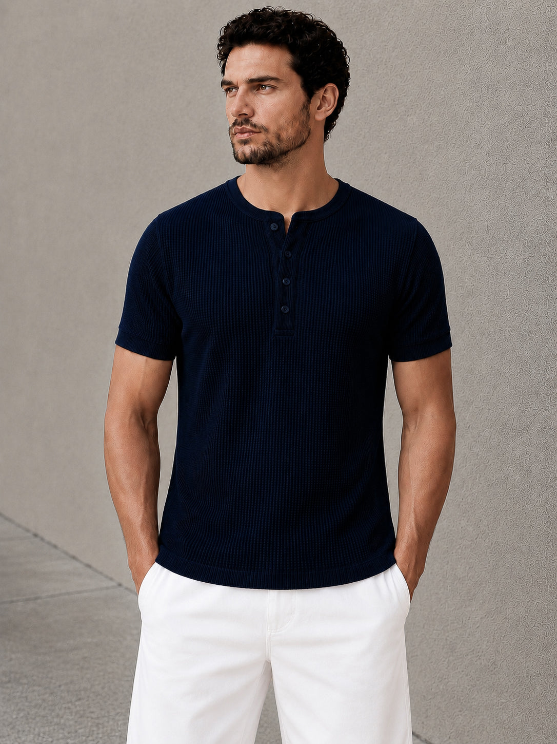 Navy Waffle Knit Half Sleeve Henley Tshirt For Men
