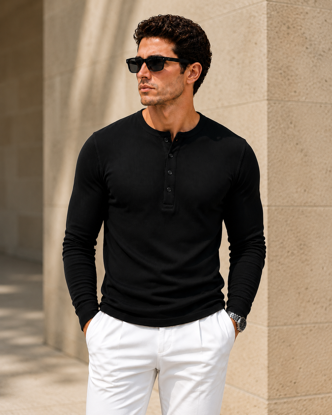 Black Waffle Henley Full Sleeve T-Shirt