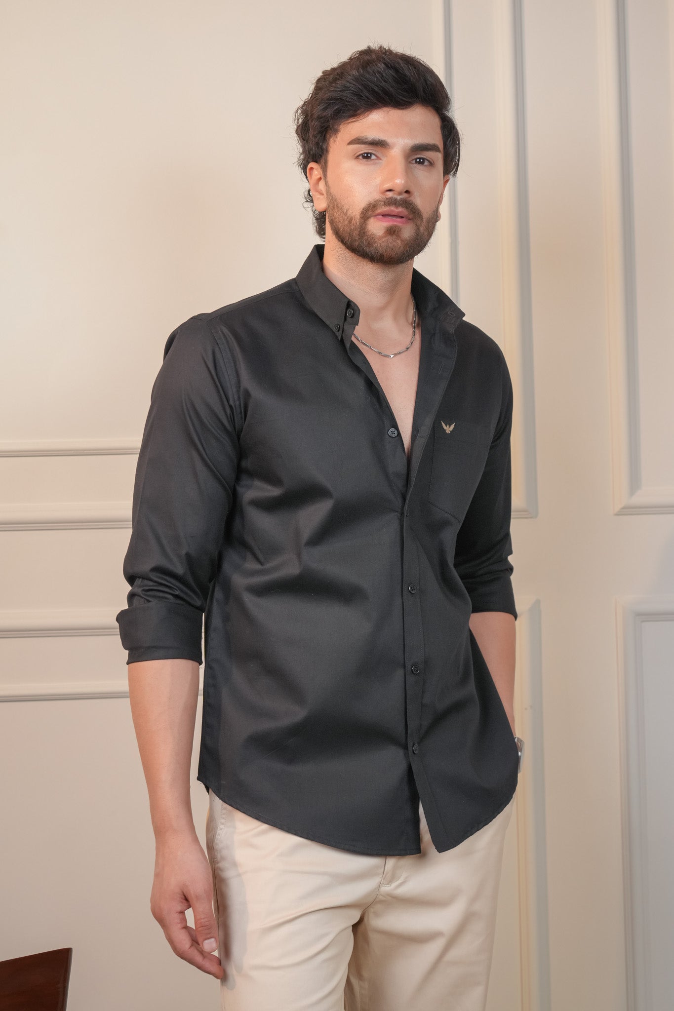 Black Solid Cotton Twill Slim Fit Shirt
