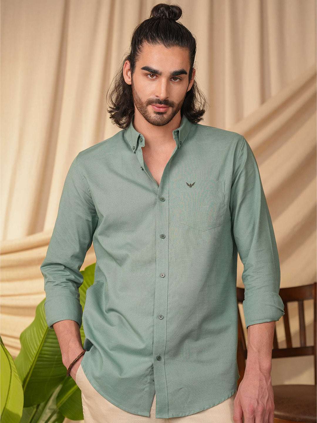 Sea Green Solid Pre-Washed Linen Cotton Slim Fit Shirt