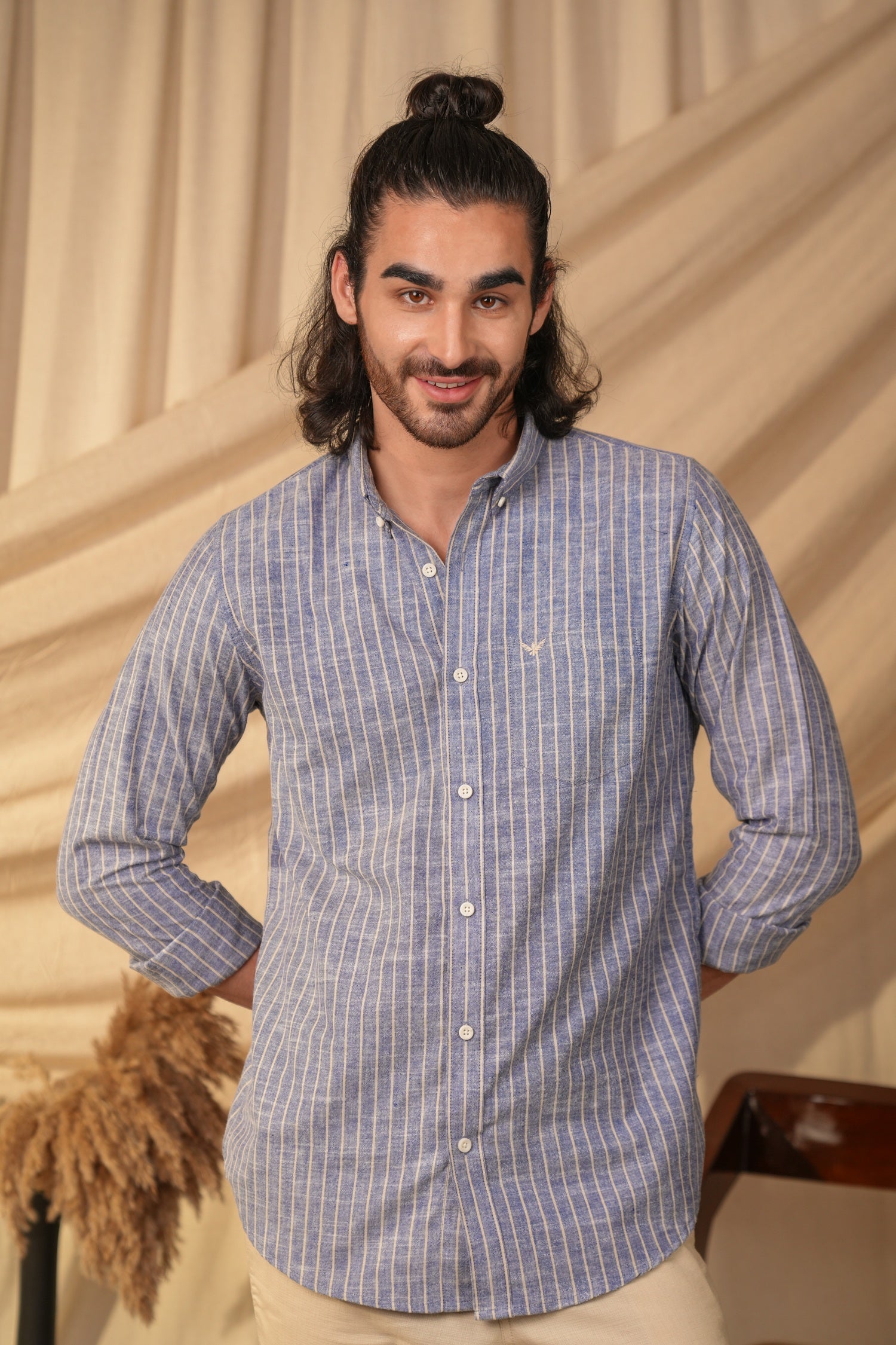 Dusty Blue Striped Linen Cotton Slim Fit Shirt