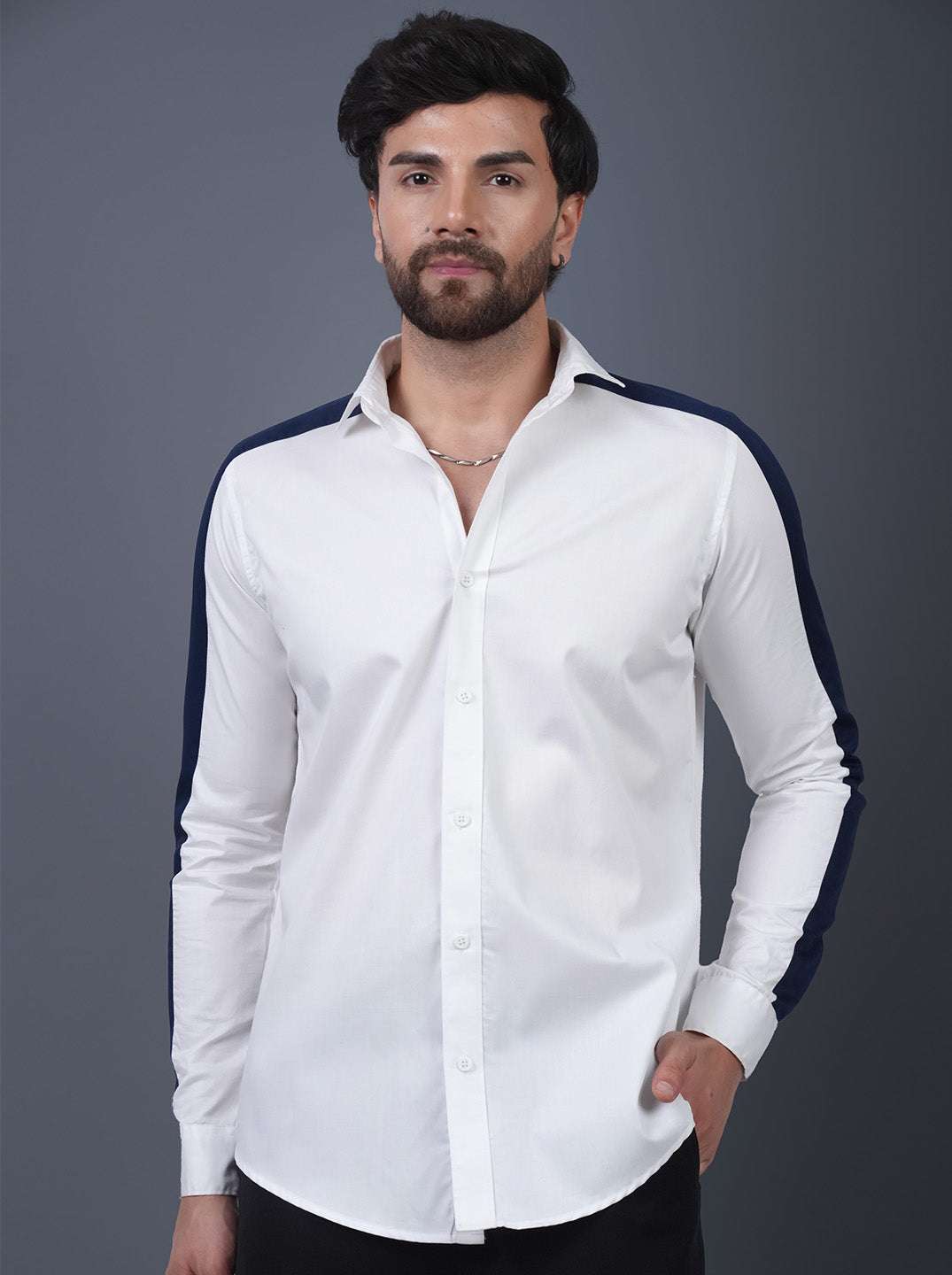 White And blue Colour Blocked Cotton Twill Slim Fit Shirt