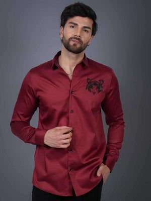 Intense Red Sequin Cotton Satin Slim Fit Shirt