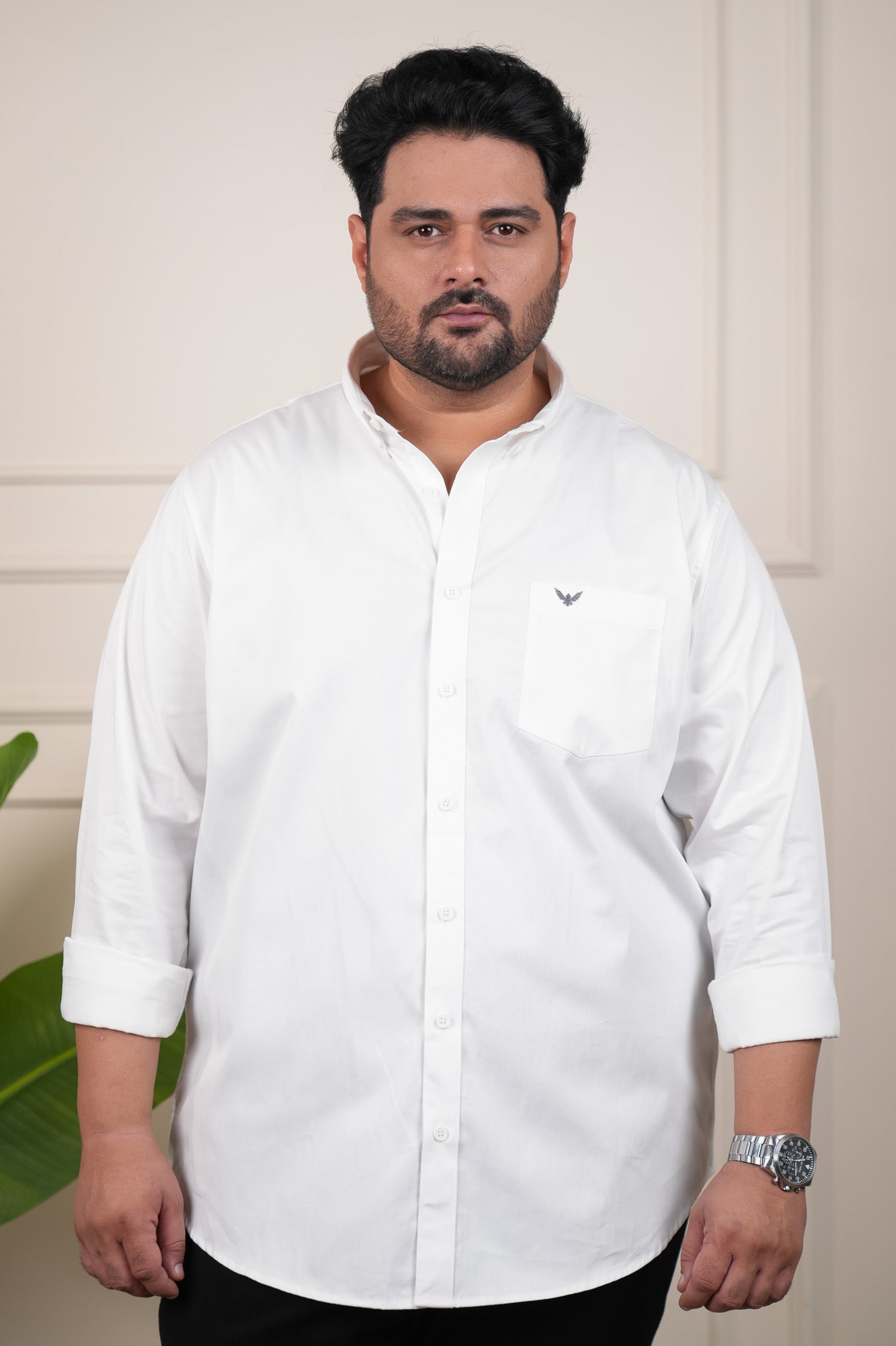 White Solid Cotton Twill  Regular Fit Plus Size Shirt