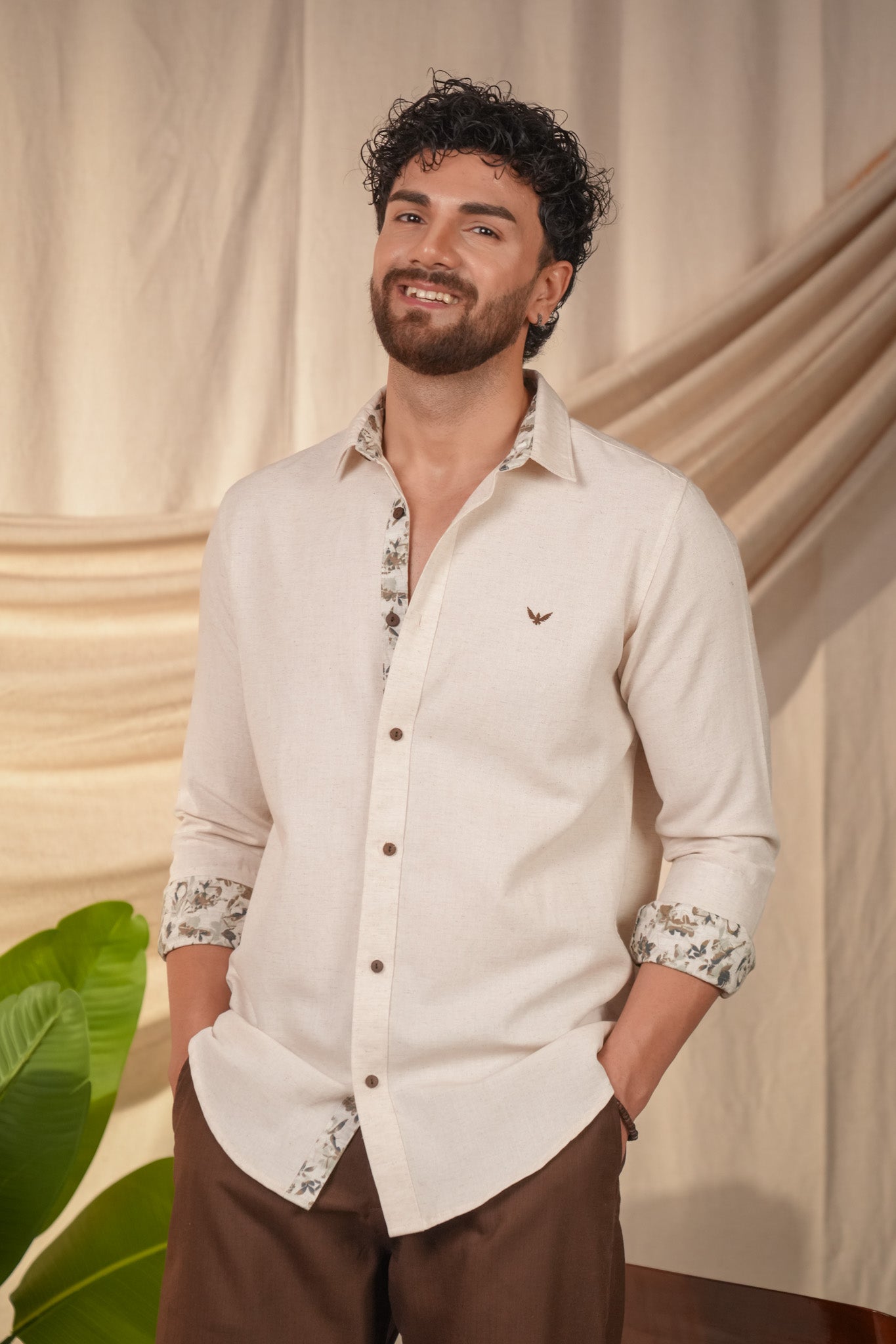 Beige Natural Grains Printed Linen Cotton Slim Fit Shirt