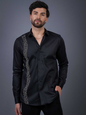 Black Sequin Cotton Satin Slim Fit Shirt