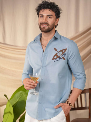 Aqua Blue Solid Linen Cotton Slim Fit Embroidery Printed Shirt