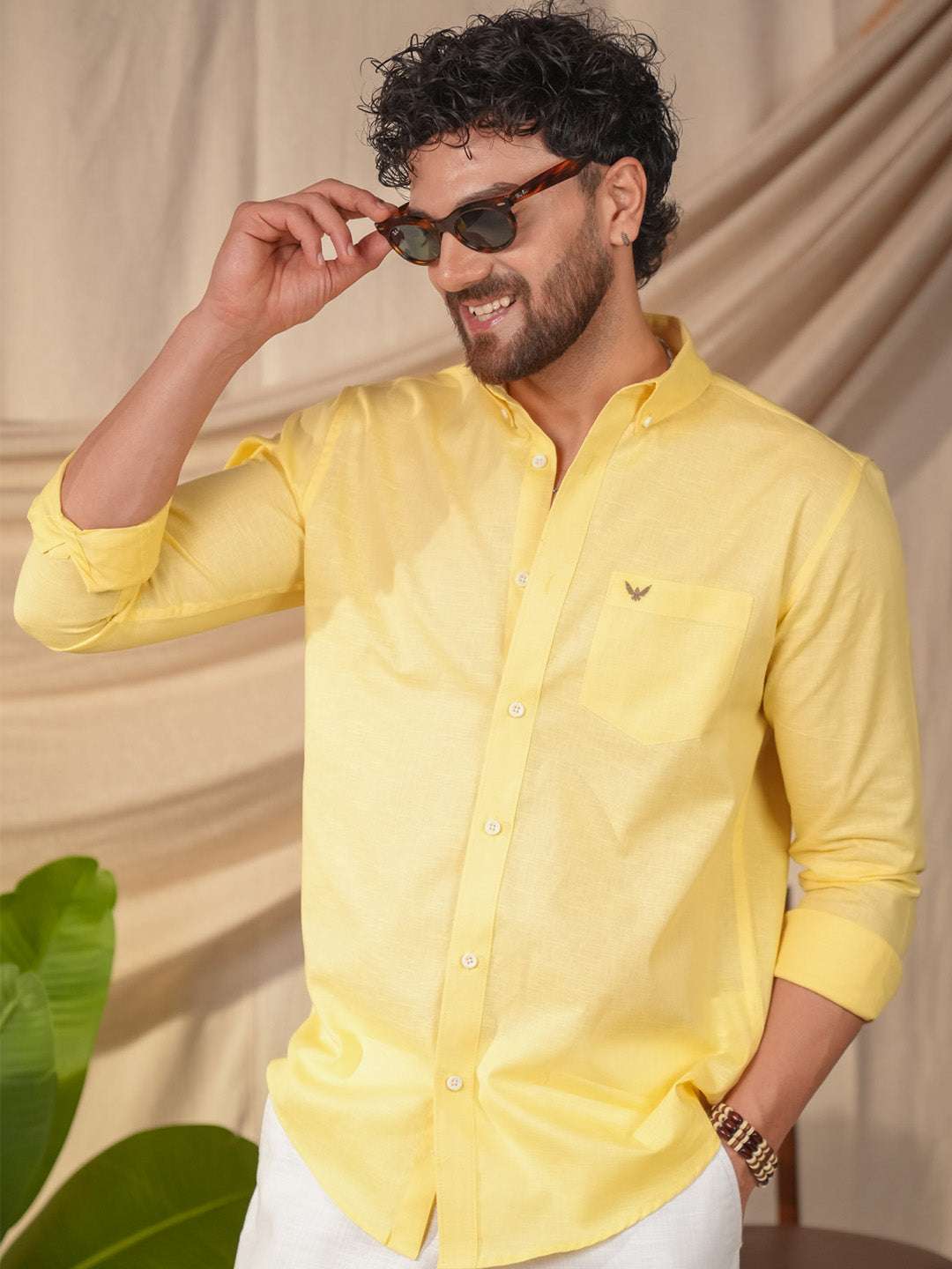 Lime Yellow Solid Pre-Washed Linen Cotton Slim Fit Shirt