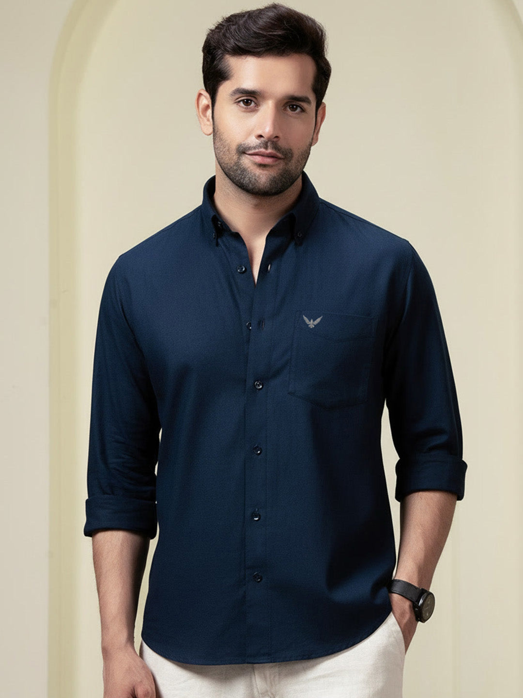 Navy Blue Pre-Washed Linen Blend Shirt