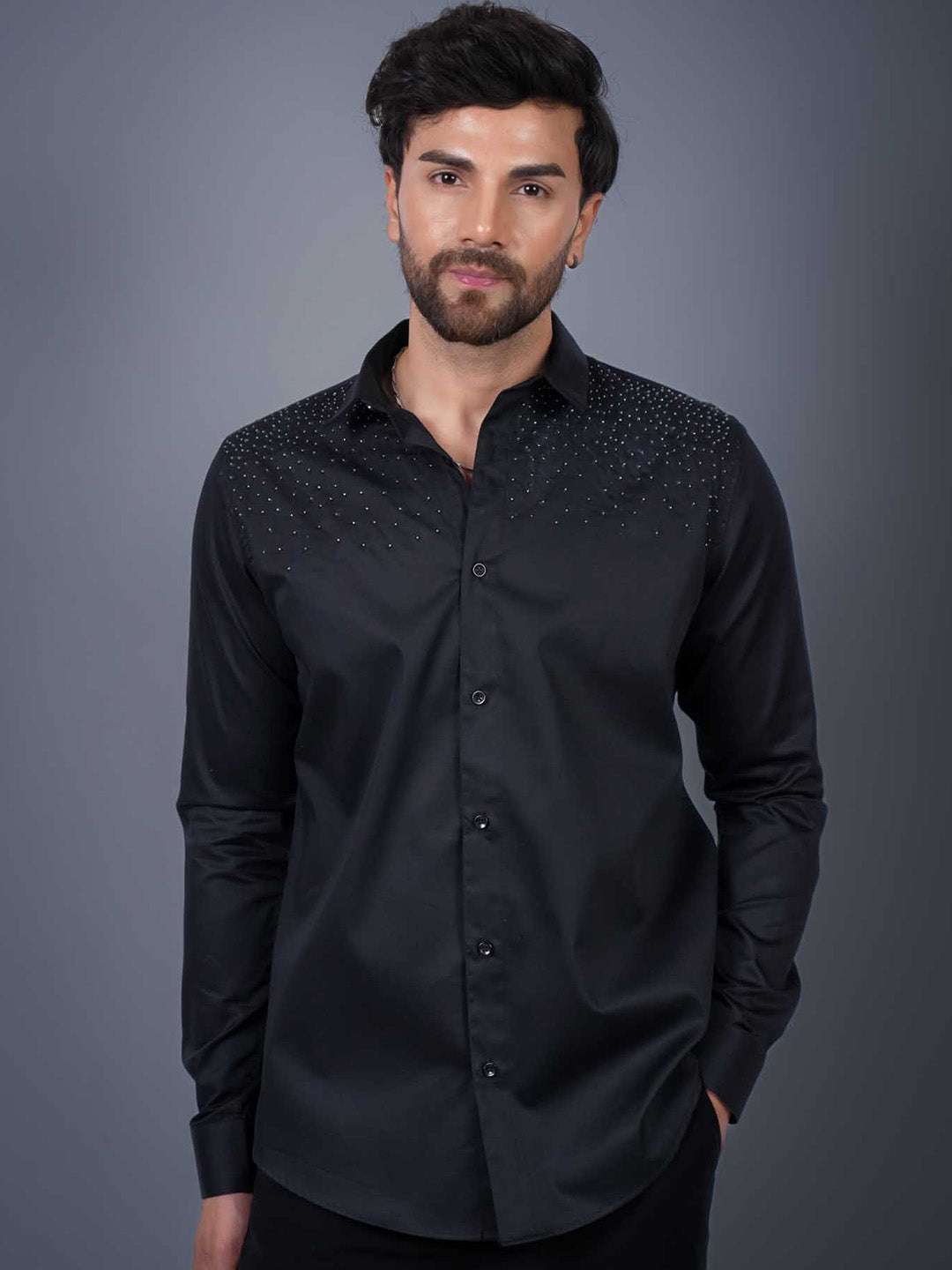 Black Sequin Cotton Satin Slim Fit Shirt