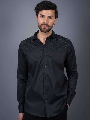 Black Sequin Cotton Satin Slim Fit Shirt