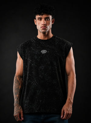 Black Oversized Sleeveless Cotton Acid Wash Tank Tshirt for Men & Women