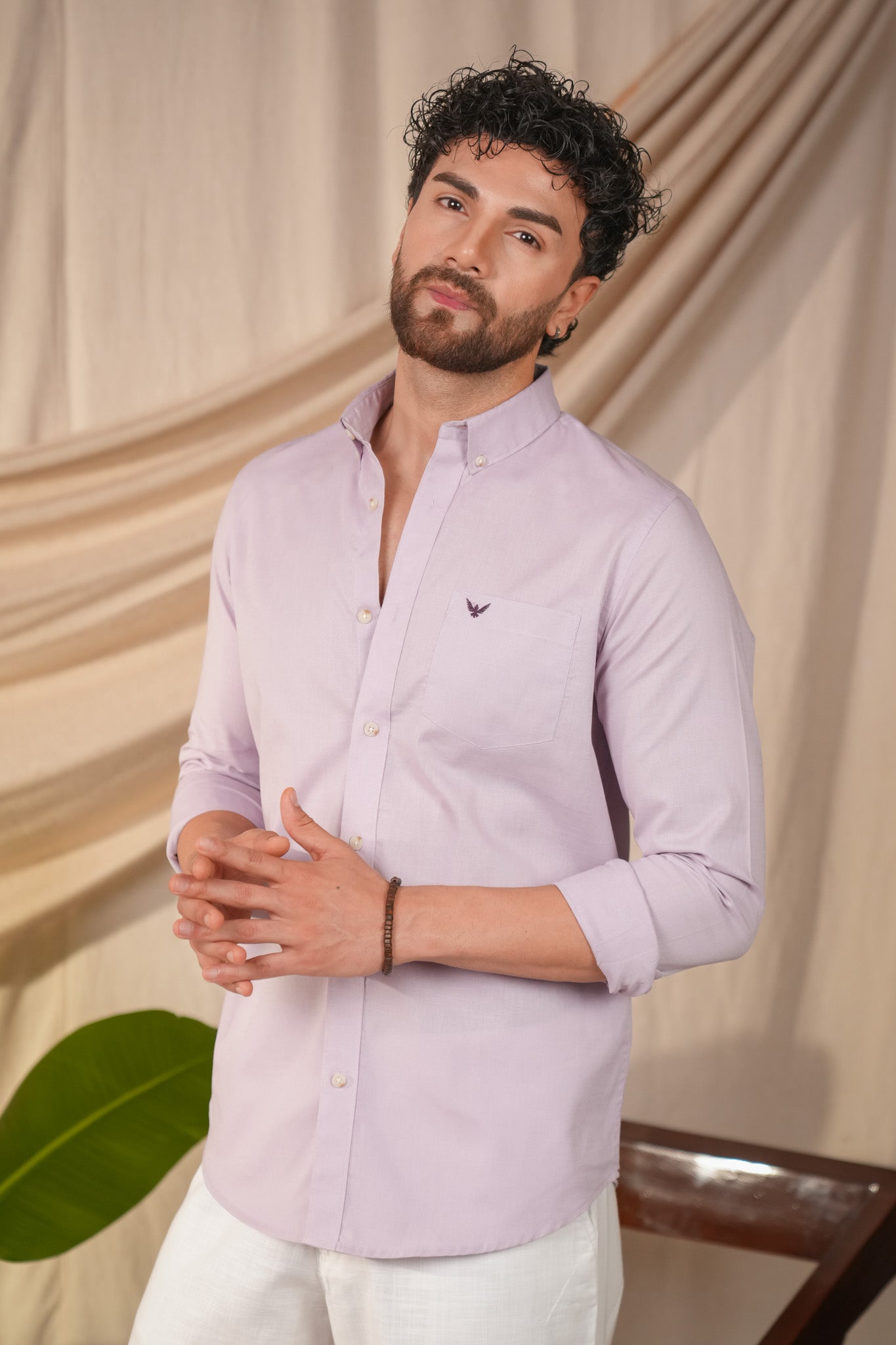 Pastel Purple Solid Pre-Washed Linen Cotton Slim Fit Shirt