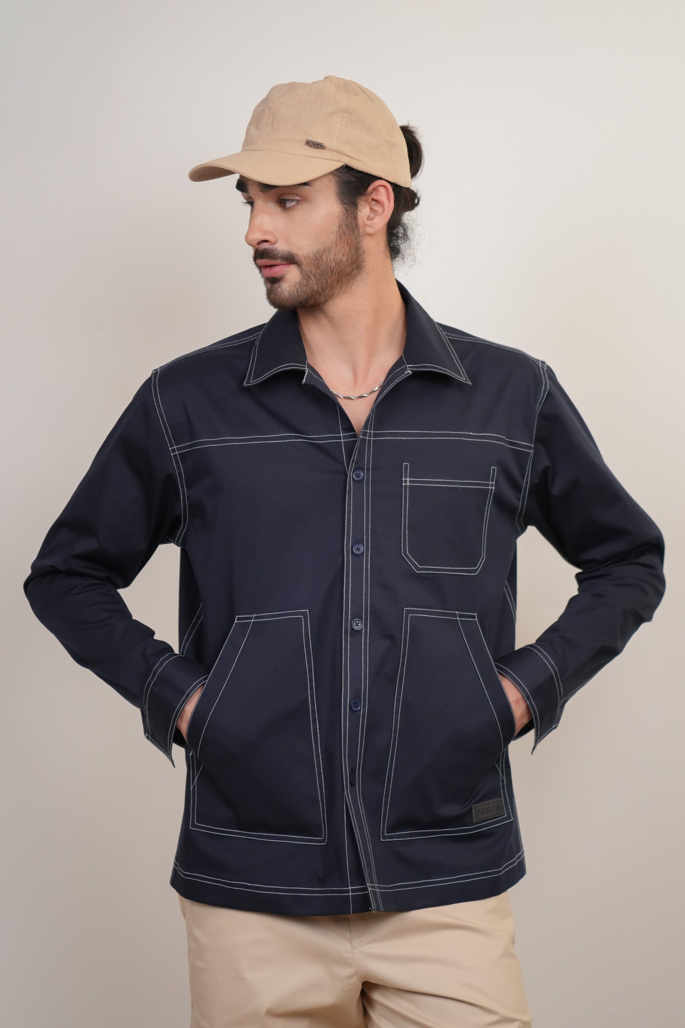 Navy Blue Solid Heavy Cotton Twill Boxy Fit Shirt For Men