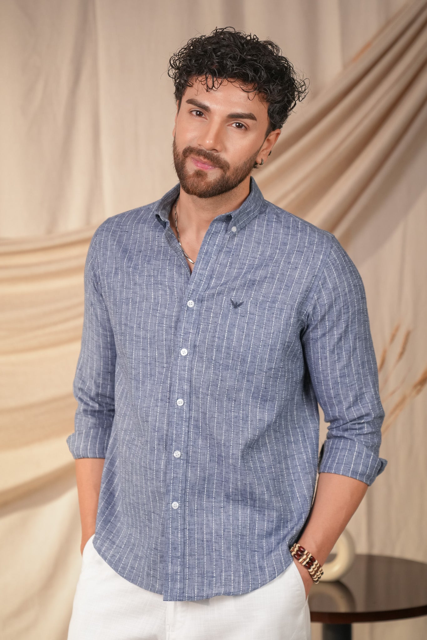 Denim Blue Striped Linen Cotton Slim Fit Shirt