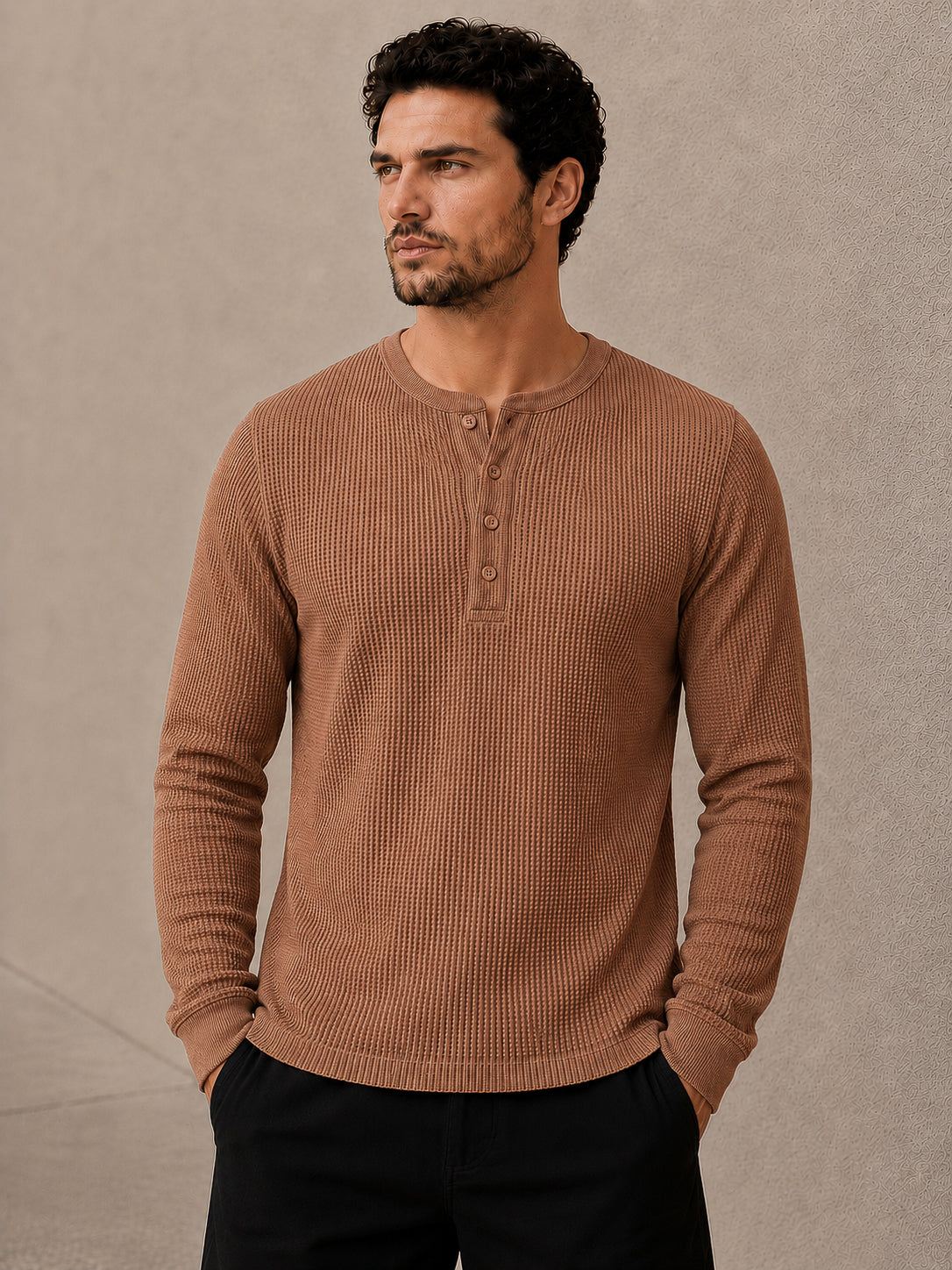 Brown Waffle Knit Full Sleeve Henley Tshirt For Men