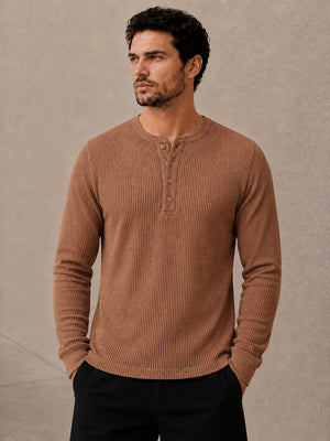 Brown Waffle Knit Full Sleeve Henley Tshirt For Men
