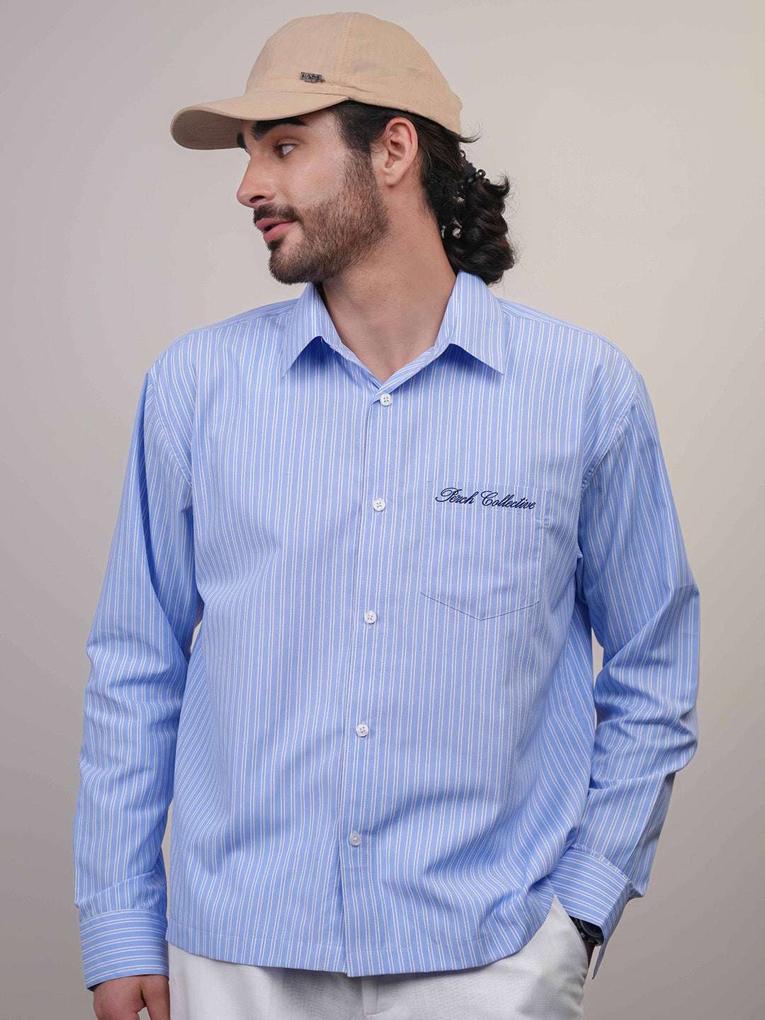 Sky Blue Striped Cotton Boxy Fit Shirt