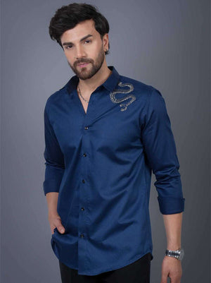 Navy Sequin Cotton Satin Slim Fit Shirt
