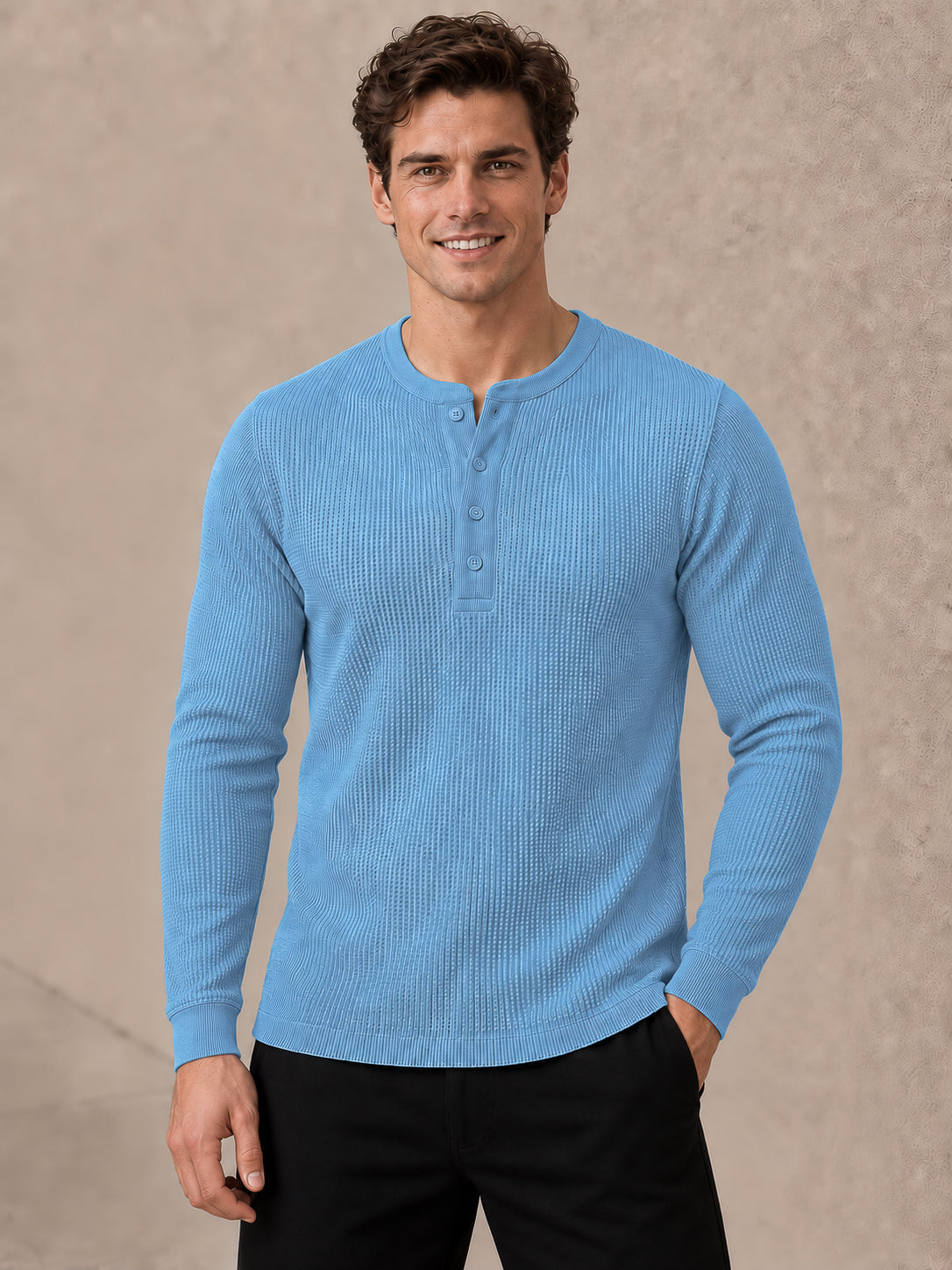 Sky Blue Knit Full Sleeve Henley Tshirt For Men