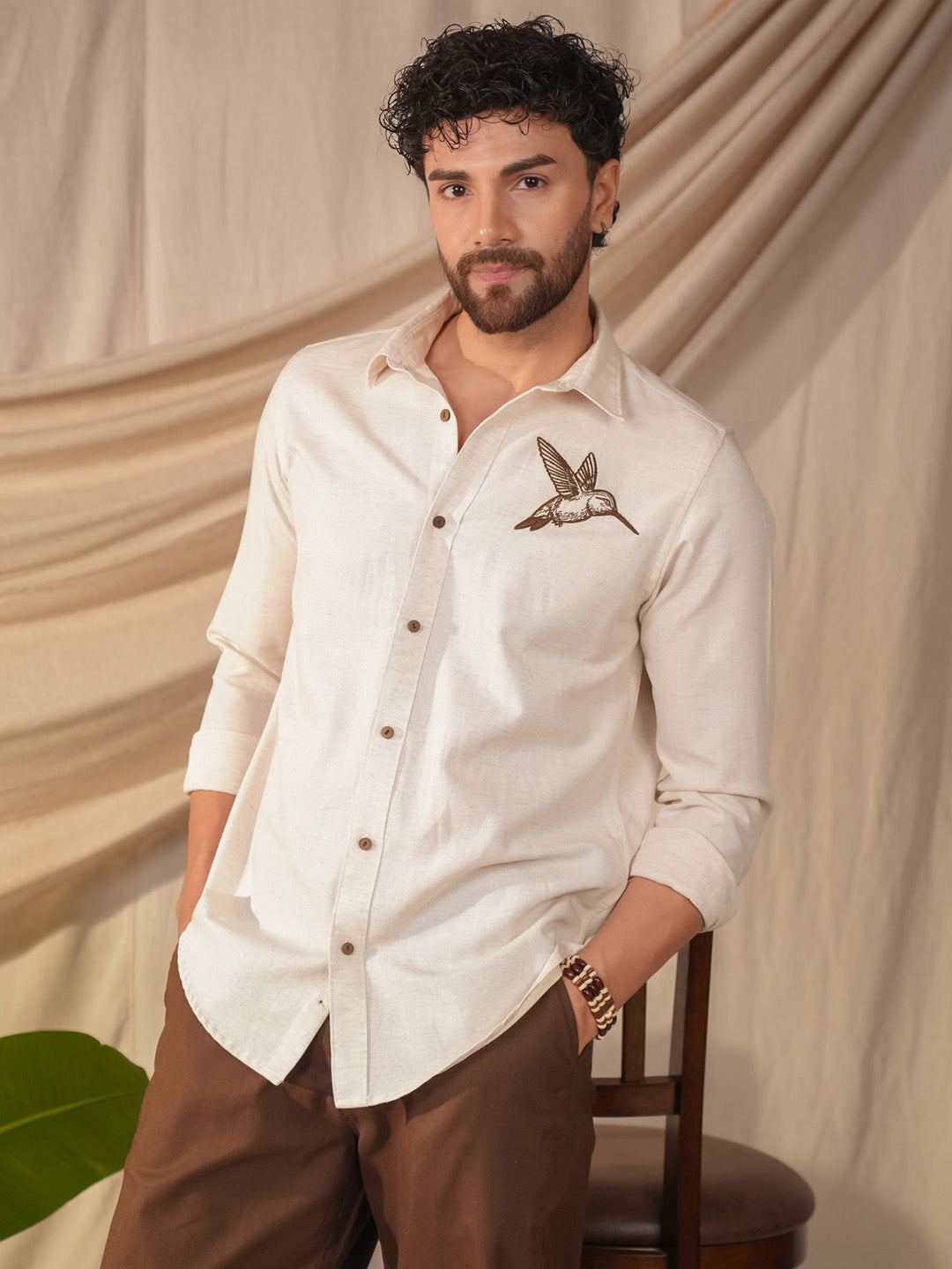 Beige Natural Grains Sparrow Embroidery Linen Cotton Shirt