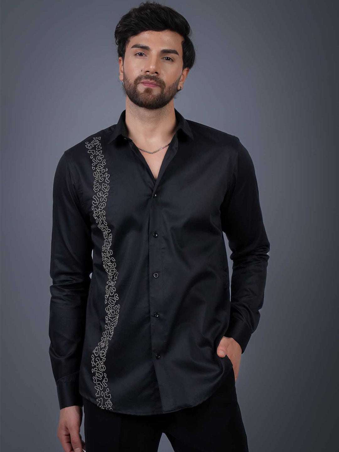 Black Sequin Cotton Satin Slim Fit Shirt