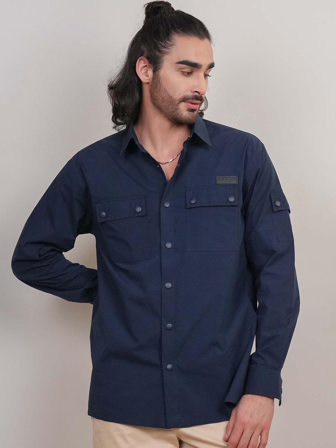 Navy Blue Solid Heavy Cotton Poplin Snap button Boxy Fit Shirt