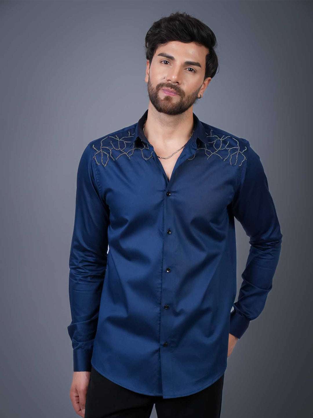 Navy Sequin Cotton Satin Slim Fit Shirt